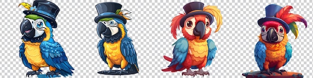 PSD a set of colorful picture of a parrot with a top hat on it