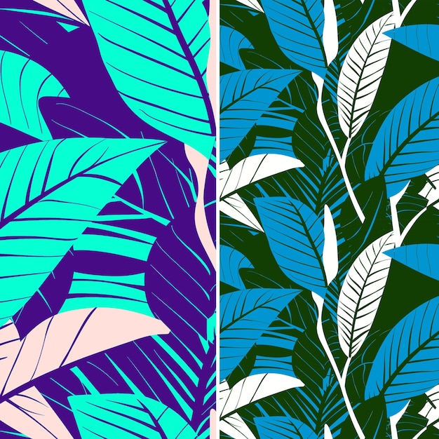 a set of colorful seamless patterns with blue and pink leaves