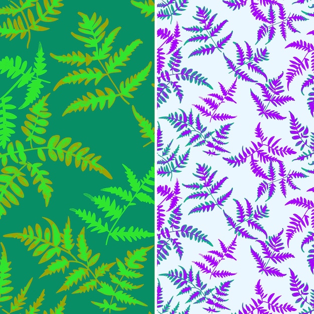 a set of colorful seamless patterns with green leaves and a blue background