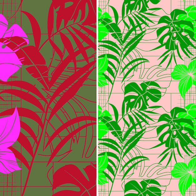 PSD a set of colorful seamless patterns with palm leaves and a green and pink flower