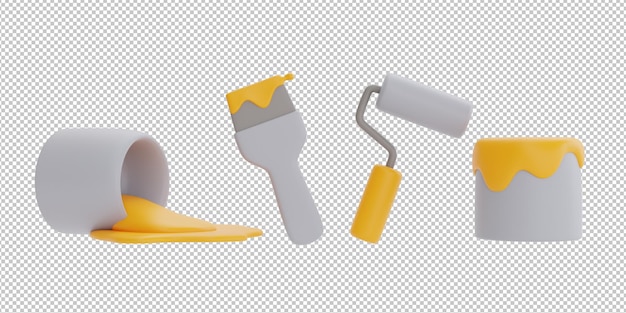 Set of construction tools and equipment paint brush sponge roller and paint can labor day 3d rendering