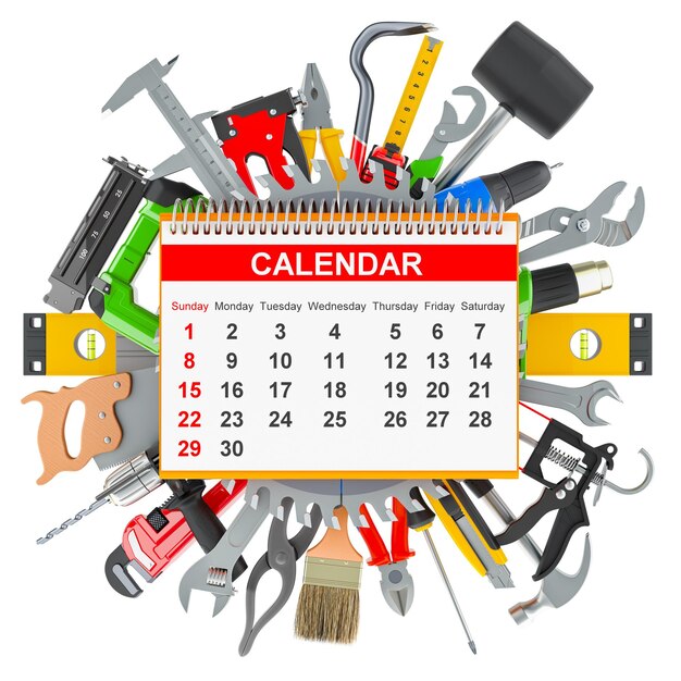 PSD set of construction tools with desk calendar planning of maintenance and repair work concept 3d rendering isolated on transparent background