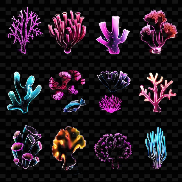 PSD a set of coral icons with flickering illumination and 16 bit png iconic y2k shape art decorative