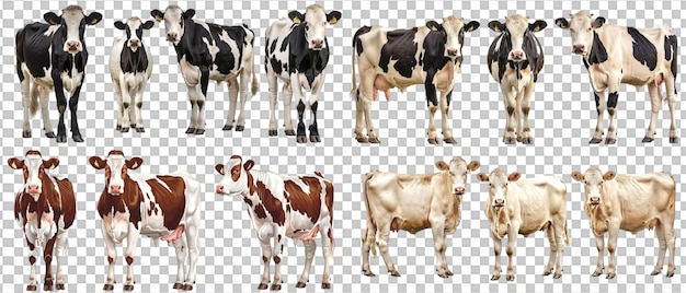 PSD set of cow with front side and back views isolated