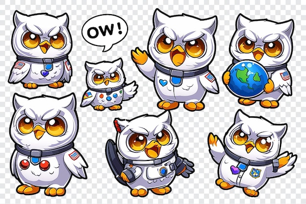 PSD a set of cute cartoon owls with different expressions