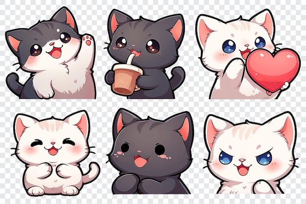 A set of cute cat faces with one of them holding a heart