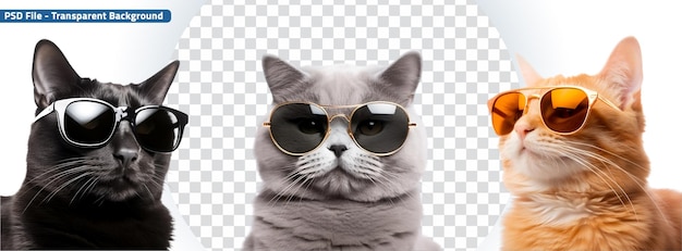 Set of cute cat wearing sunglasses black orange and grey adorable and charming felines