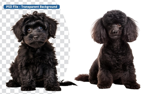 PSD set of cute poodle dogs puppy and adult poodle dogs sitting in charm