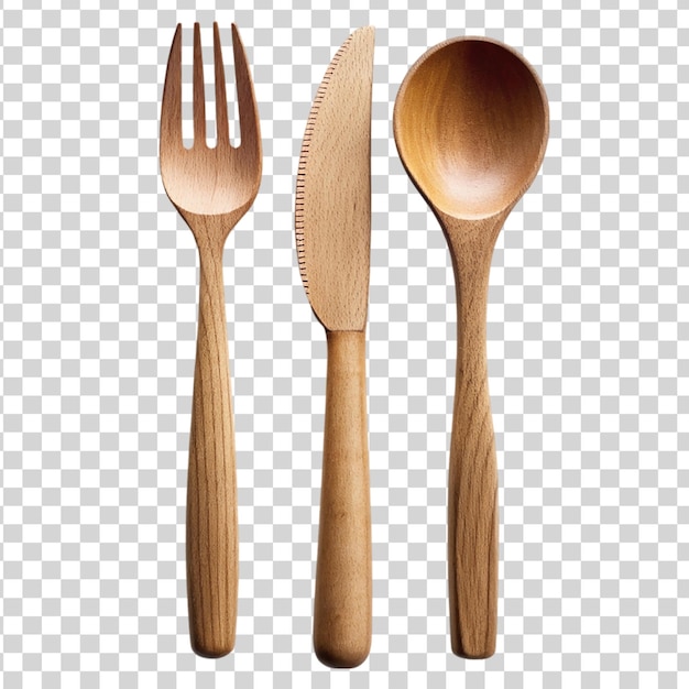 Set of cutlery of wood isolated on transparent background