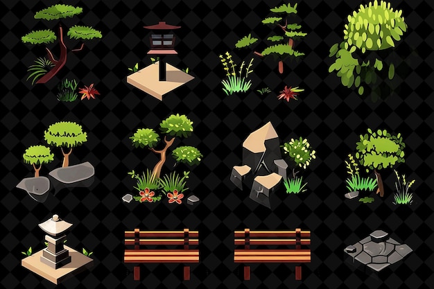 PSD a set of different benches and trees with a black background