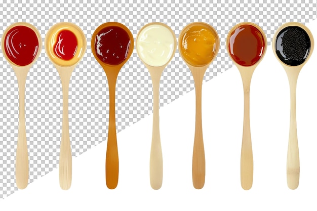 a set of different colored spoons with different sauces on a transparent background