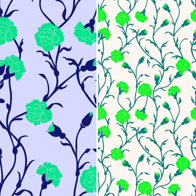 a set of different flowers with green leaves and a blue background