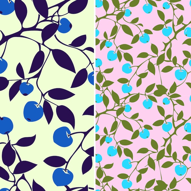 a set of different patterns with blue berries and leaves