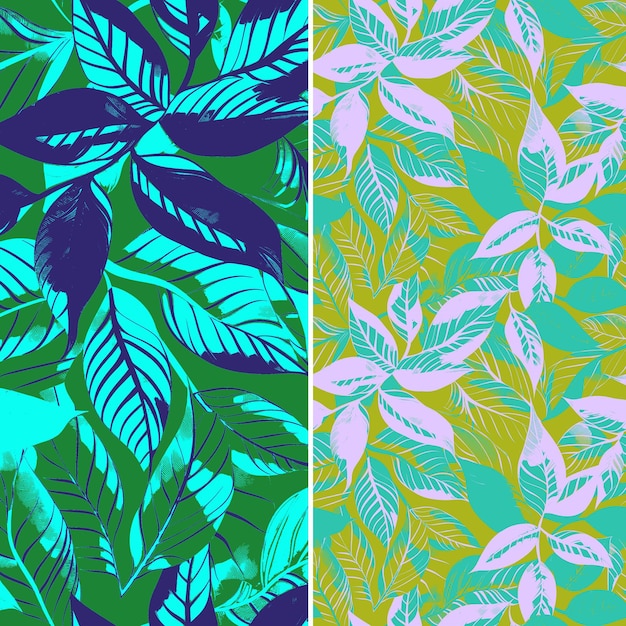 a set of different patterns with leaves and a blue background