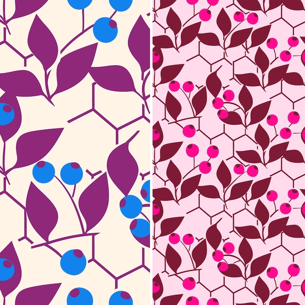 a set of different patterns with purple and blue flowers