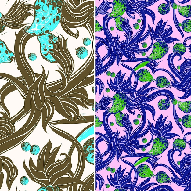 a set of different patterns with purple flowers and green leaves