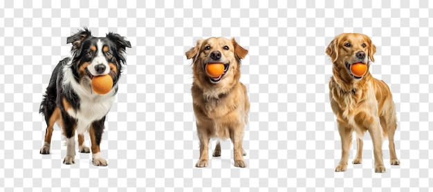 Set of dog holding a ball in the mouth full body standing on transparency background PSD