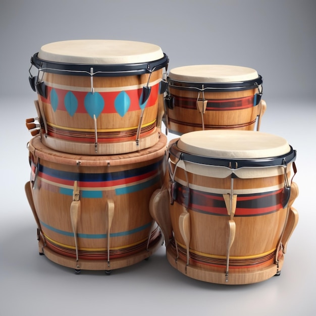 a set of drums with a blue and red band on the bottom