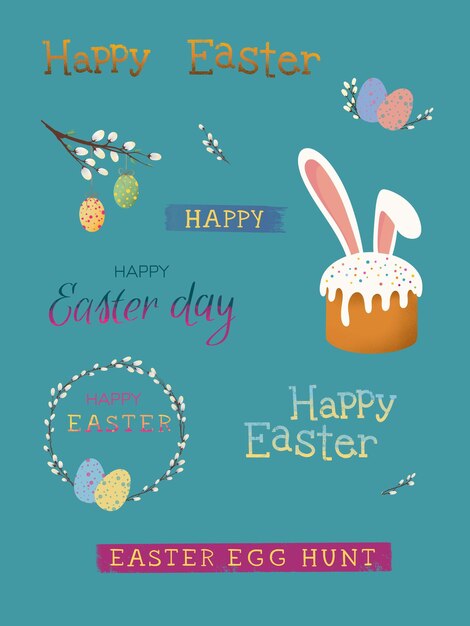 PSD set of easter decorations and decorative elements stickers of easter cake eggs willow text labe