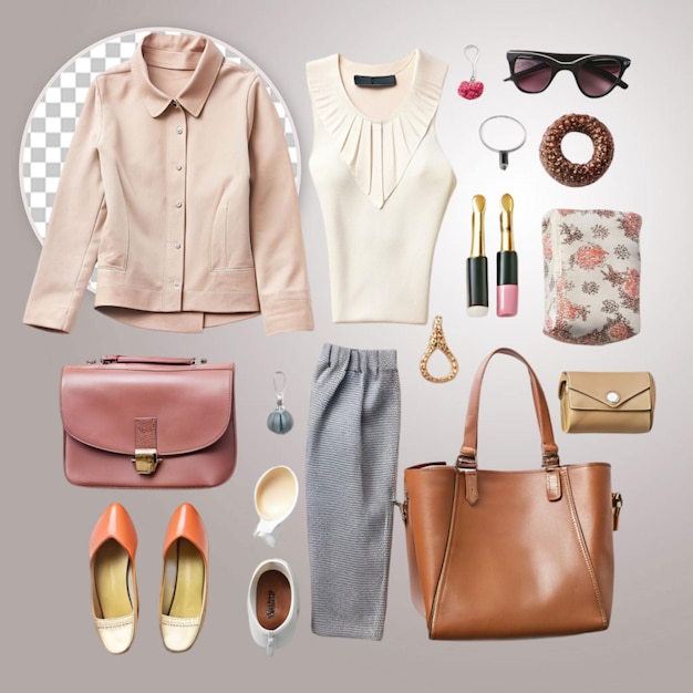 PSD set of fashionable clothes and accessories on transparent background