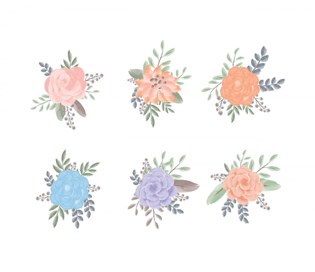 Set of Feminine Watercolor Leaves and Flowers