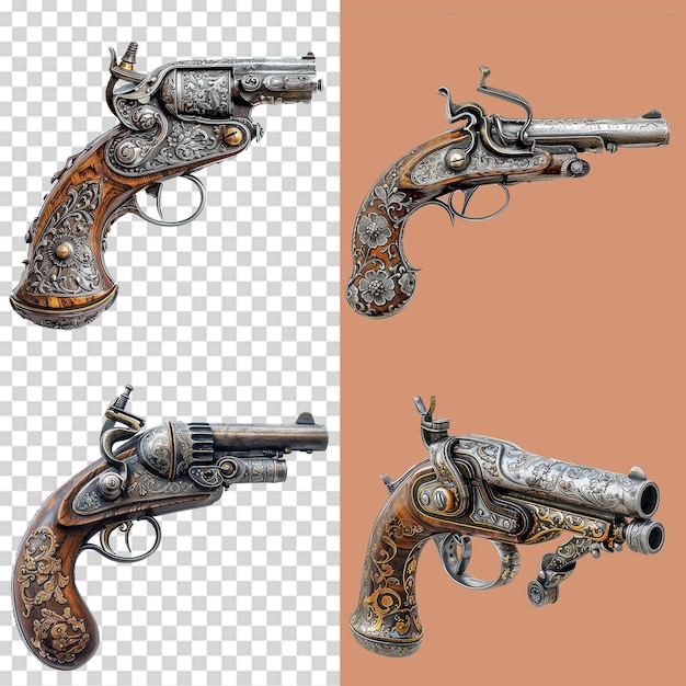 A set of flintlock pistol isolated on transparent background