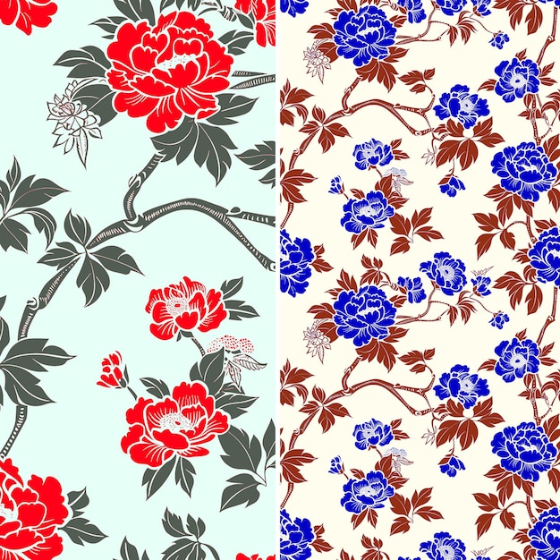 a set of floral wallpapers with red and blue flowers