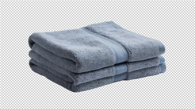 a set of folded towels with a blue cover and a gray mat on it