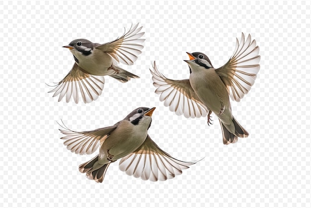 PSD a set of four birds with a beak that says sparrows