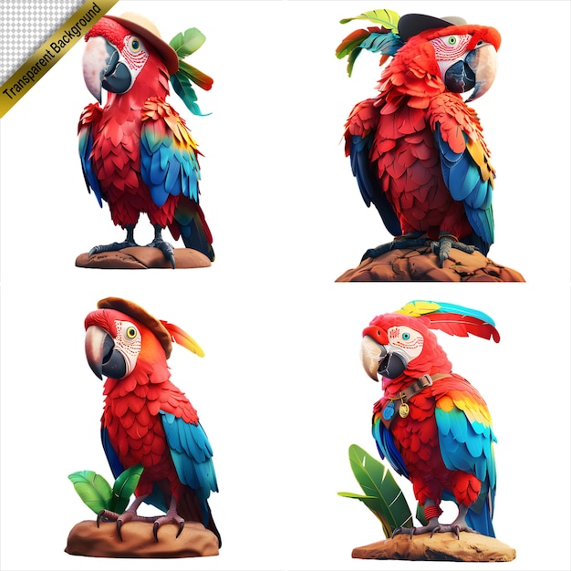 Set of Four Brightly Colored Parrots Isolated