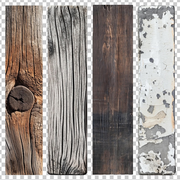 PSD a set of four wooden planks each with unique textures and colors isolated on transparent background