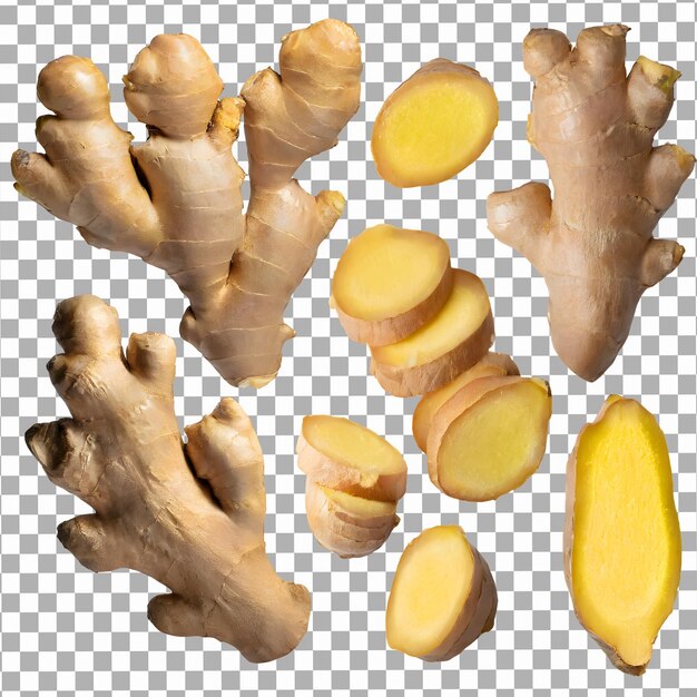 PSD set fresh ginger and sliced on isolated transparent background