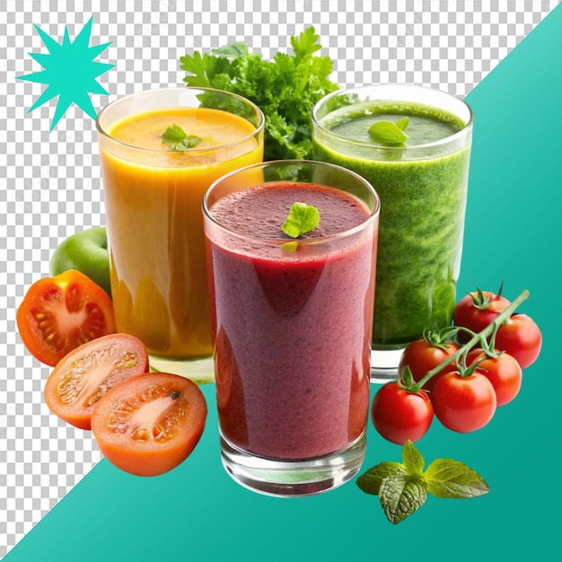 PSD set of freshly pressed vegetable juice smoothie on transparent background