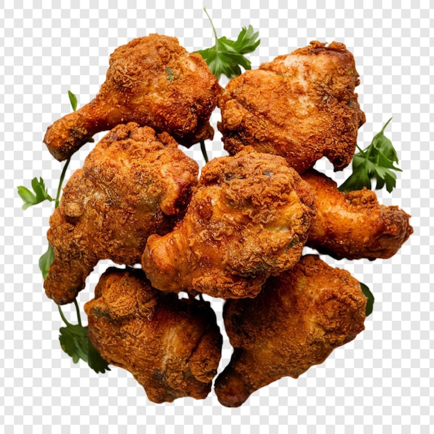 a set of fried chicken on a transparent background with a green leaf