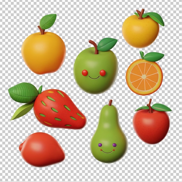 a set of fruits including one of the fruits with the face drawn on it