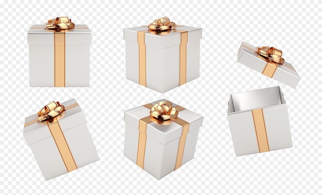 Set gift boxes with gold bow and ribbon elements set isolated on white background