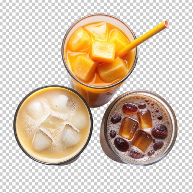 PSD set of glasses summer lemonade and iced coffee isolated on transparent background