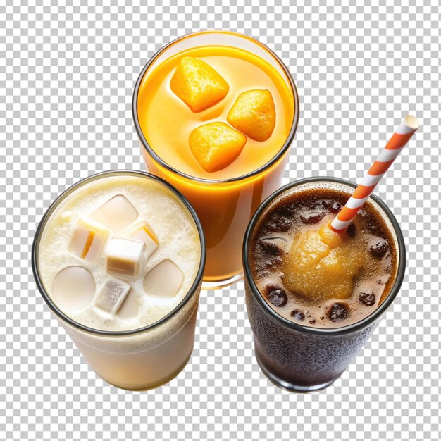 PSD set of glasses summer lemonade and iced coffee isolated on transparent background