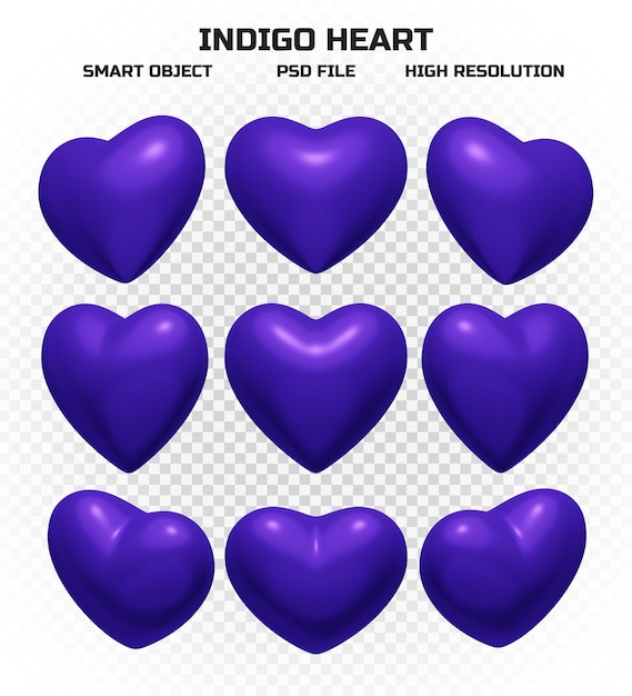 Set of glossy indigo hearts in high resolution with many perspectives for decoration