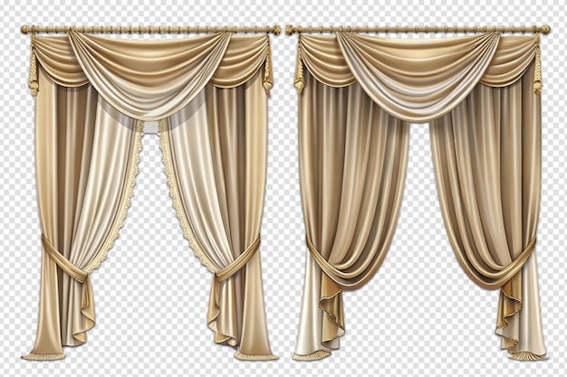 a set of gold curtains with a pattern of ribbons and ribbons