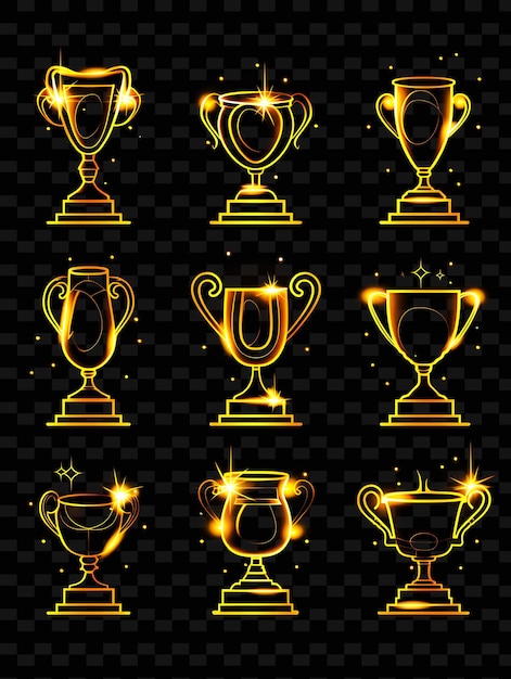 a set of gold trophies with gold and gold on a black background