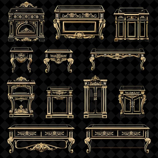 PSD a set of gold and white furniture and a black background