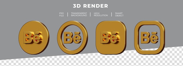 Set of golden Behance logo 3d rendering isolated