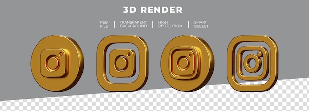 Set of golden Instagram logo 3d rendering isolated