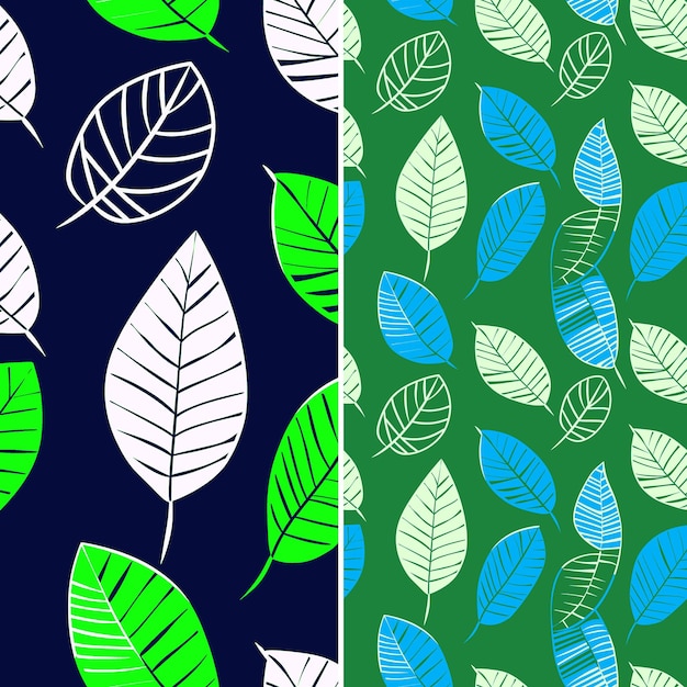 a set of green and blue leaves with leaves and a blue background