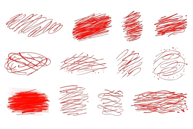 PSD set of hand drawn red grunge brush strokes isolated on transparent background