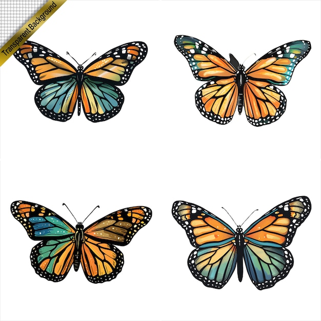 PSD set of handdrawn colorful butterflies with transparent background