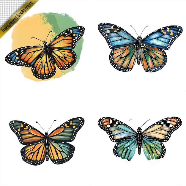 PSD set of handdrawn colorful butterflies with transparent background