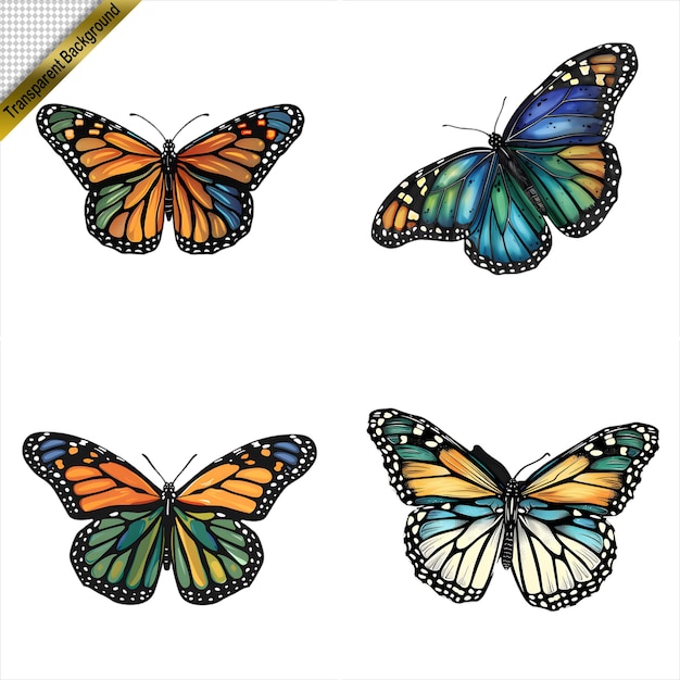 Set of HandDrawn Colorful Butterflies with Transparent Background