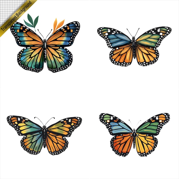 PSD set of handdrawn colorful butterflies with transparent background